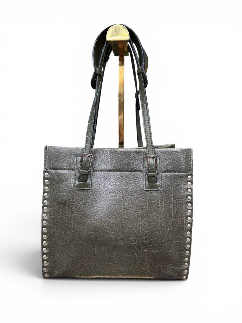 Bally Ersenda Charcoal Olive Pebbled Leather Tote Italy Studded Shoulder Bag
